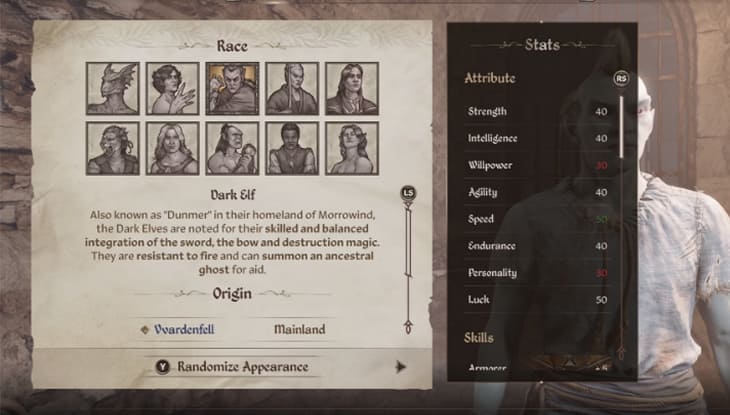 Oblivion Remastered Every Race Dark Elf Stats