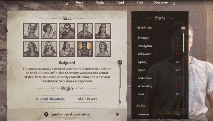Oblivion Remastered Every Race Redguard Stats