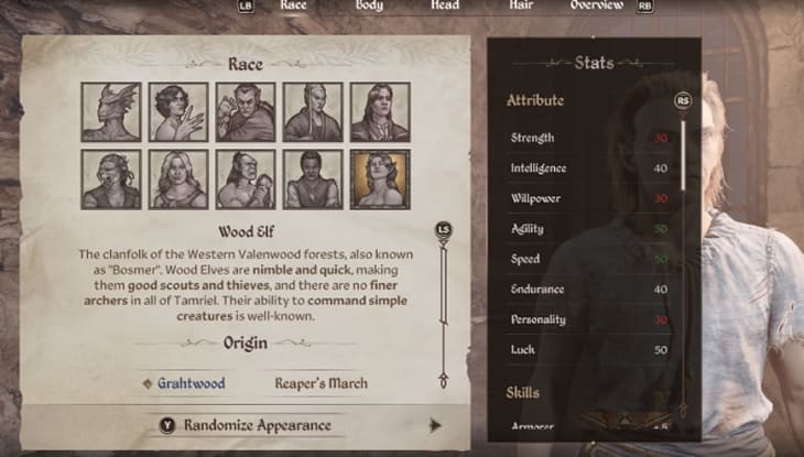 Oblivion Remastered Every Race Wood Elf Stats